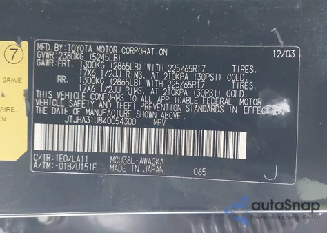 2004 Lexus Rx 330 from USA, damaged, VIN JTJHA31U840054300